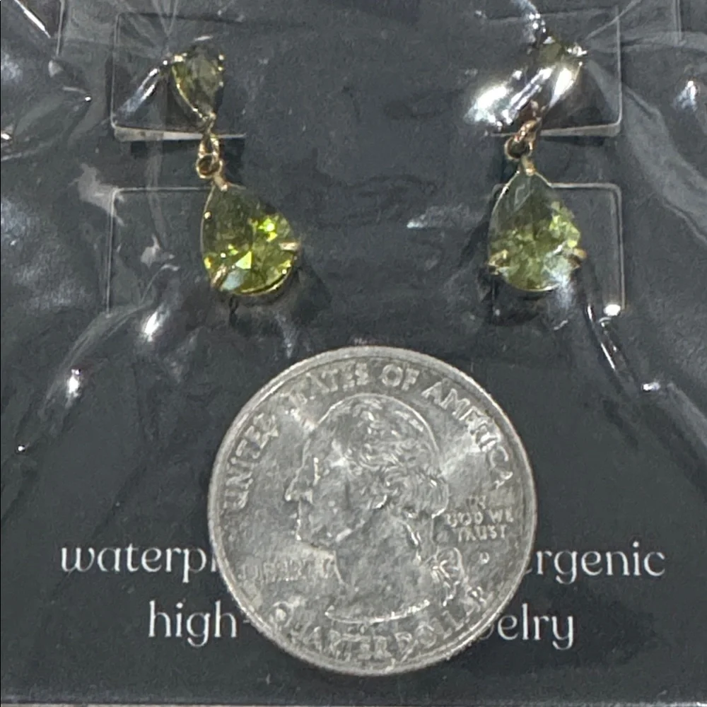 18K Gold Plated Green Teardrop Dangle Earrings CZ Stainless Steel NWT